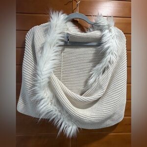 CAbi 3000 Elegant Cream shrug scarf Sweater with Faux Fur Trim